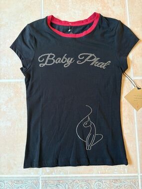Baby Phat Black Tee with Red Neckline and Crystal Bling Logo Y2K JUNIORS MEDIUM